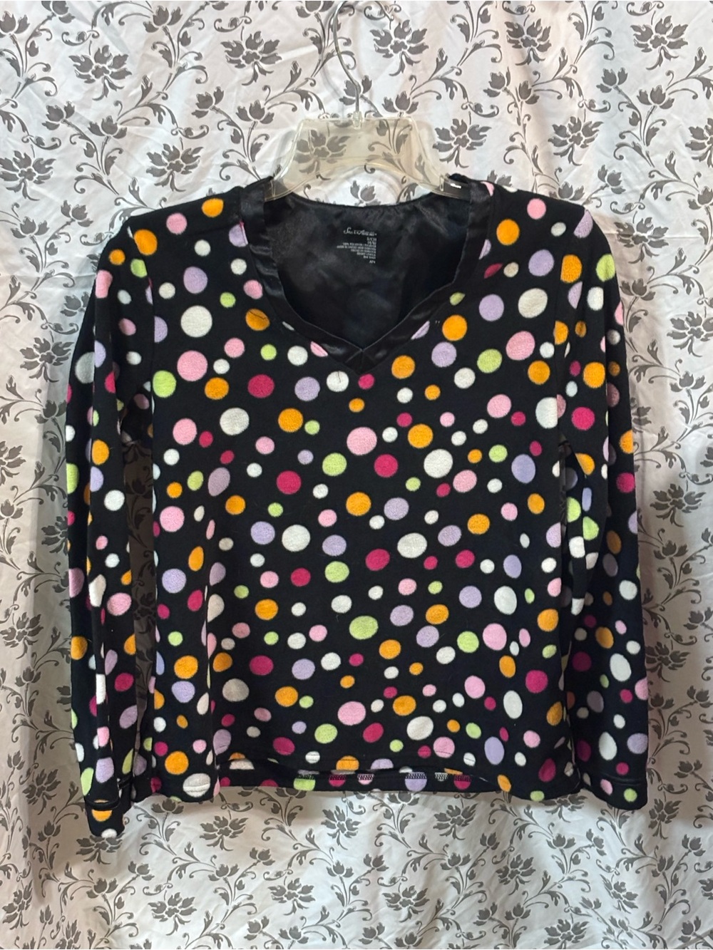 Secret Treasures Black Polka Dot V-Neck Long Sleeve Pajama Top